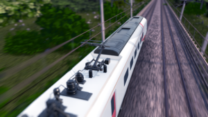 Top down view of a realistic 3D animated Hitachi Rail train moving at high speeds through the countryside