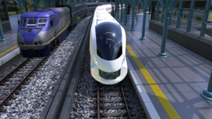 Realistic 3D animated Hitachi Rail train pulling into a train station
