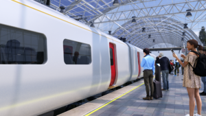 Realistic 3D animated Hitachi rail train at a train station with people waiting on the platform