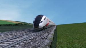 The front of a 3D animated Hitachi Rail Battery train travelling at a high speed through the open countryside