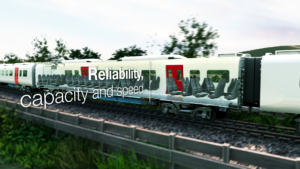 A realistic 3D animated Hitachi Rail train with an X-ray view in to the train carriage, with the words 'Reliability, capacity and speed' next to the train