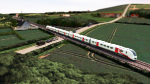 A wide shot of a realistic 3D animated Hitachi Rail train going through the countryside