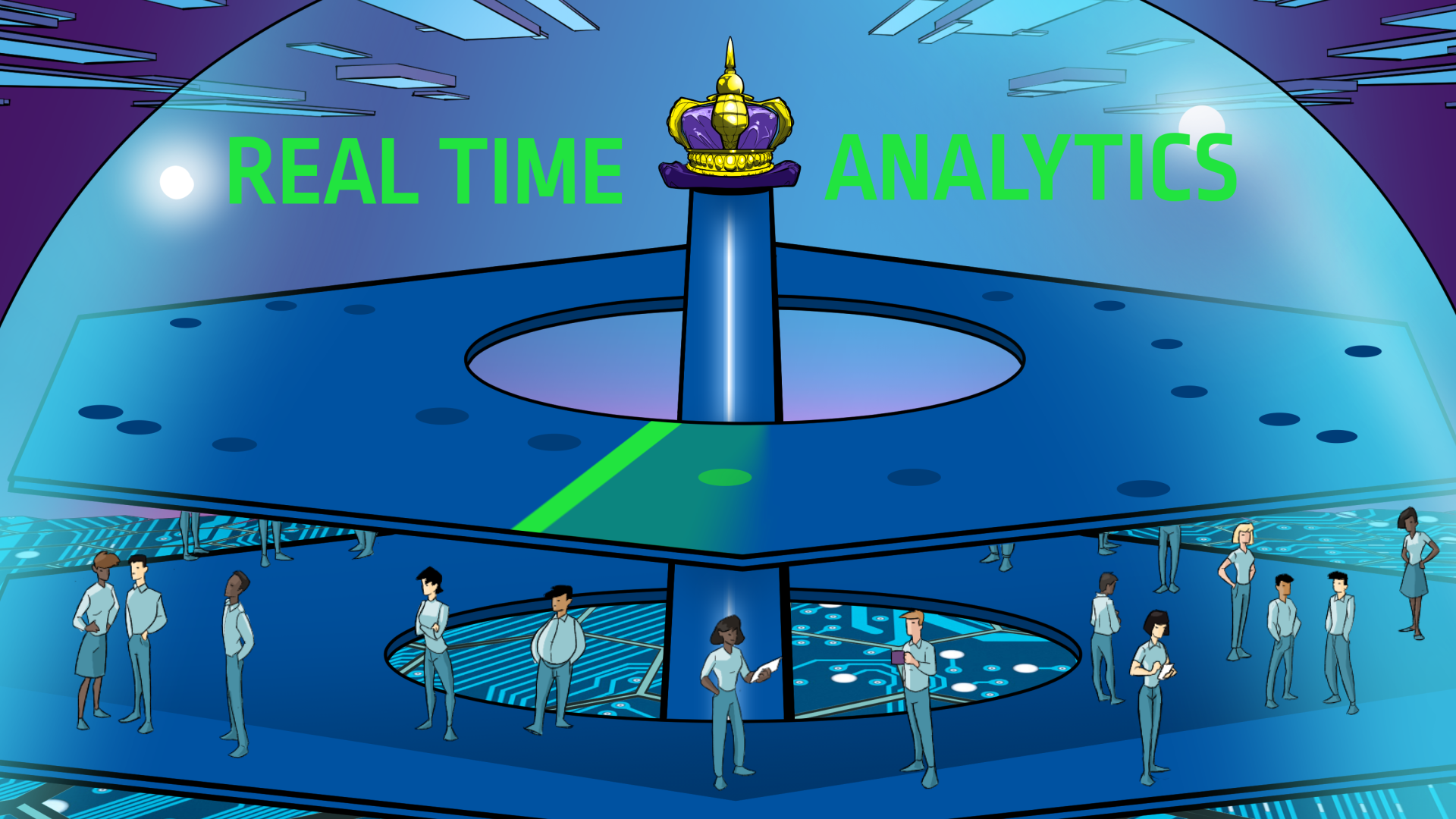 illustration of office people being scanned by radar with text saying real time analytics