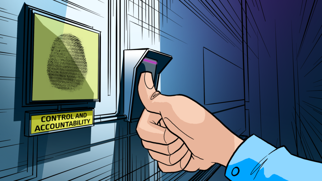 illustration of a character putting their thumb on a biometric scanner