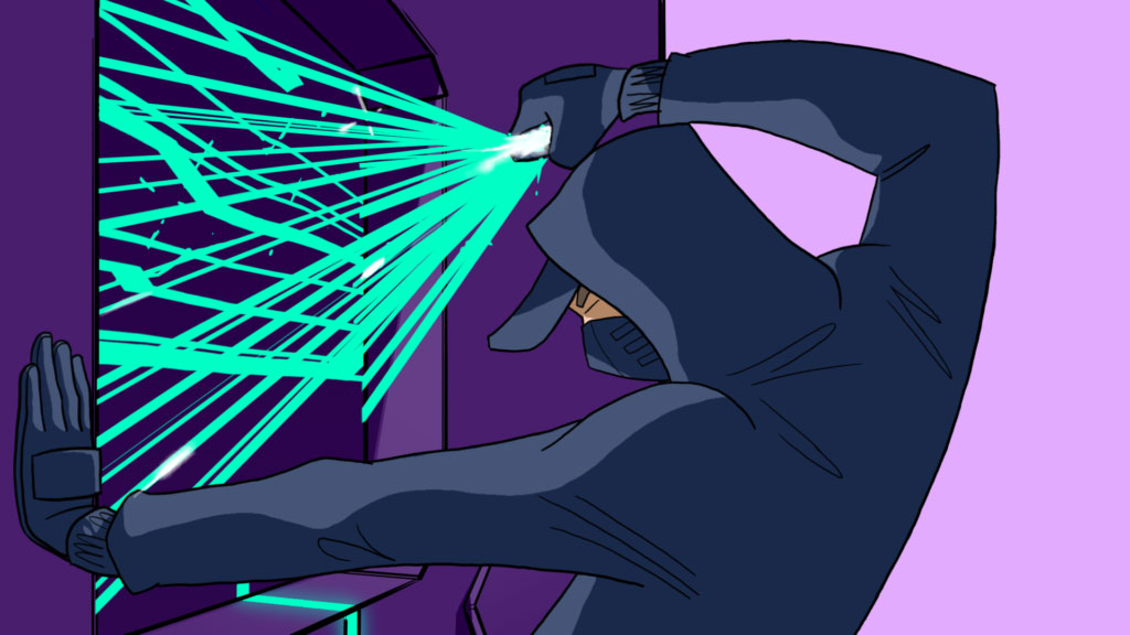A Masked Thief wearing all black Pulling at Wires from Behind a Wall Panel