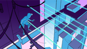 illustration of ninja on top of buildings dodging lasers