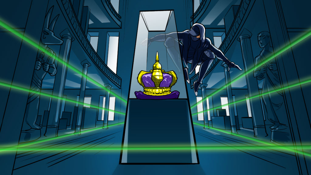 illustration of ninja hanging on rope behind a case which is holding the crown jewels and is protected by lasers