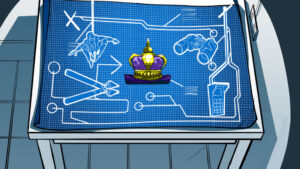 Animation Still of a Blueprint Showing Location of a Purple and Gold Crown