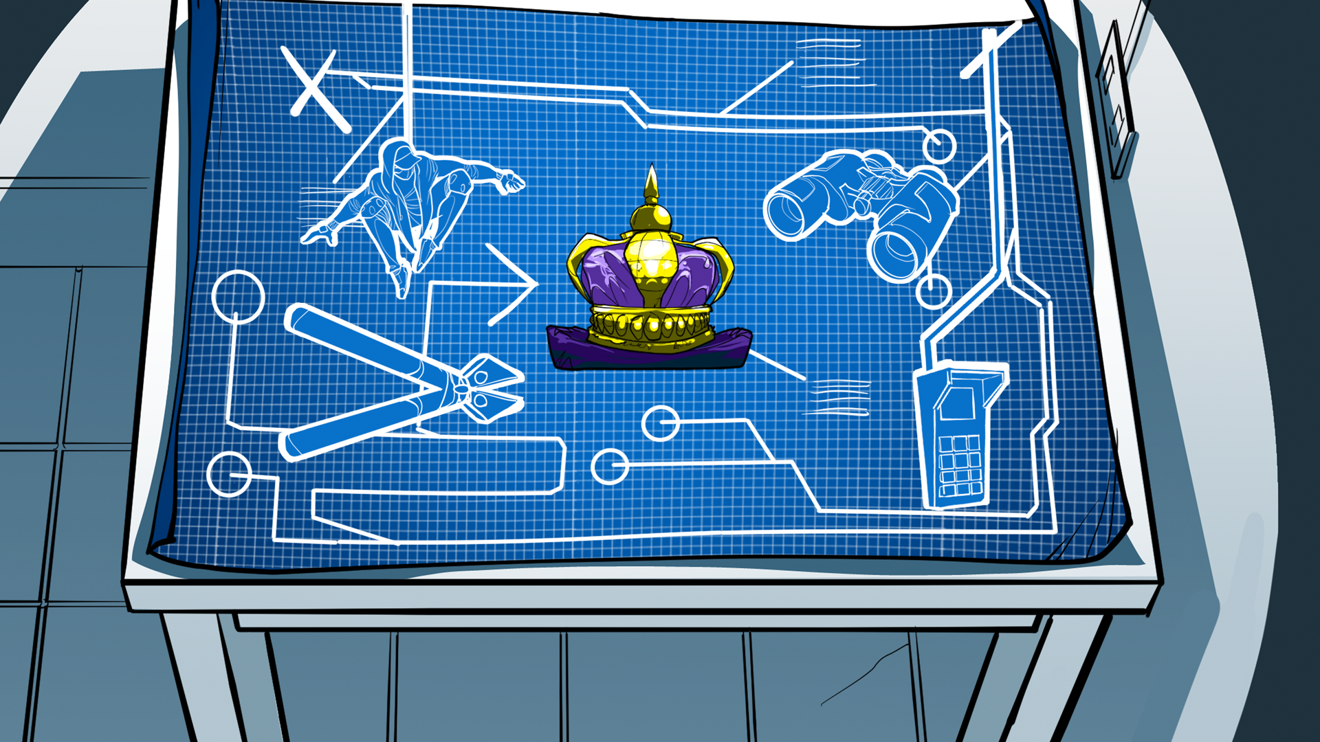 Animation Still of a Blueprint Showing Location of a Purple and Gold Crown