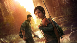 two characters from the last of us game standing in front of a sun lit city background carrying a gun and revolver, rucksack and gas mask