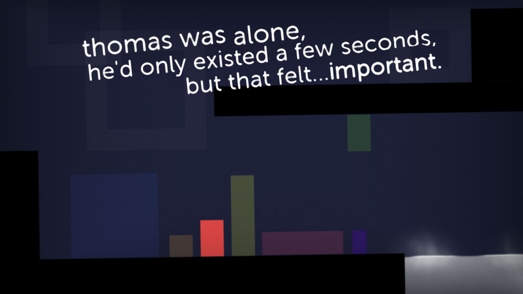 Screenshot from the video game Thomas Was Alone with the narrative text thomas was alone, he'd only existed a few seconds, but that felt... important