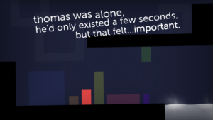 thomas was alone game quote relating to the story, simple abstract graphic with geometric shapes