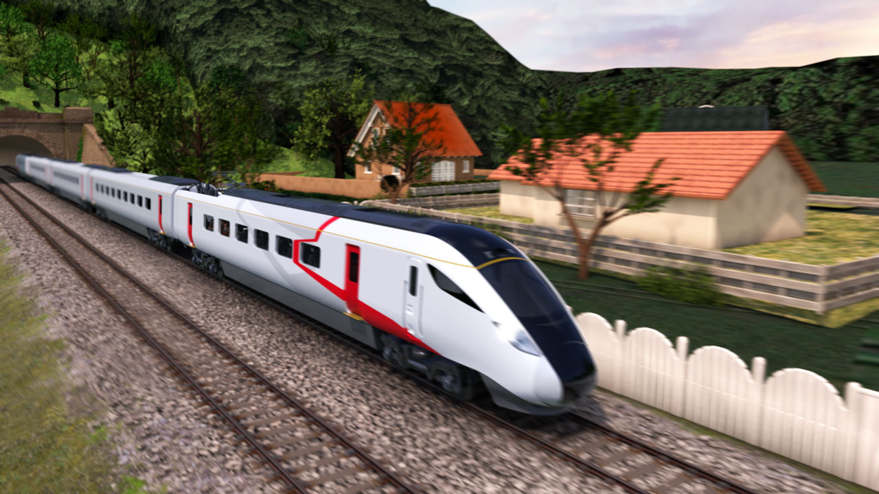 3D Animated Hitachi Rail Battery train travelling past some cottages