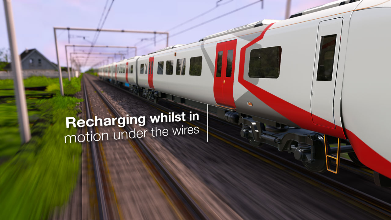 3D Animated Train travelling on a track with the text Recharging whilst in motion under the wires