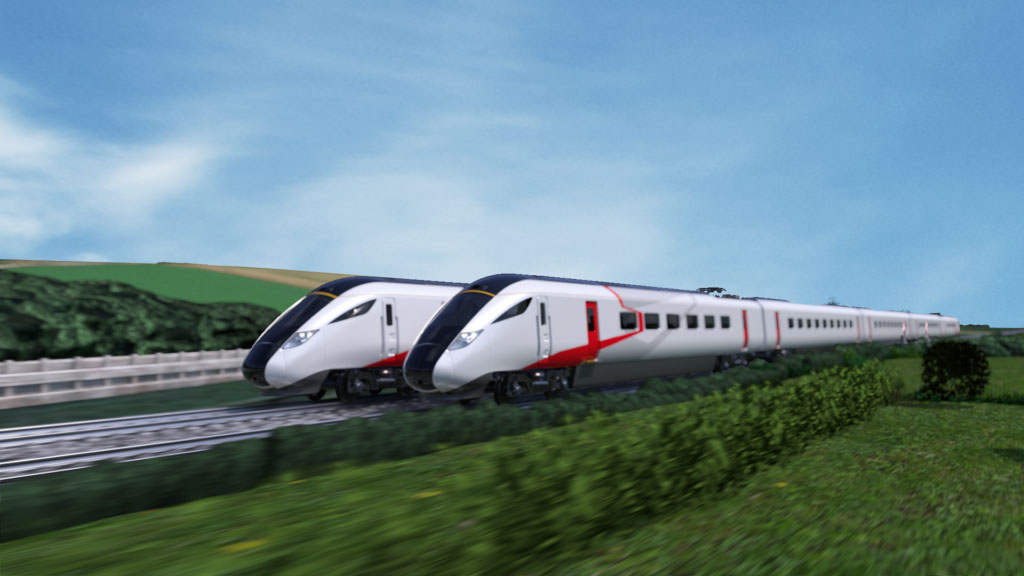 Two 3D animated Hitachi Rail battery powered trains driving through the countryside