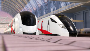 Two 3D animated Hitachi Rail Battery trains next to each other in a train station