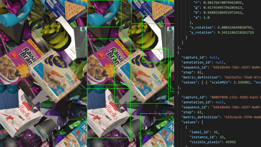 layout of cereal boxes along with computer code on the right