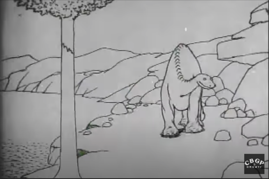 Black and white image of Gertie the dinosaur walking by rocky ground, a tree is to the left