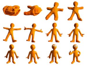 12 stages of morph morphing from a single piece of plasticine