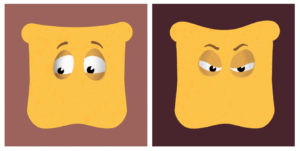 slice of bread with anxious eyes and one with angry eyes