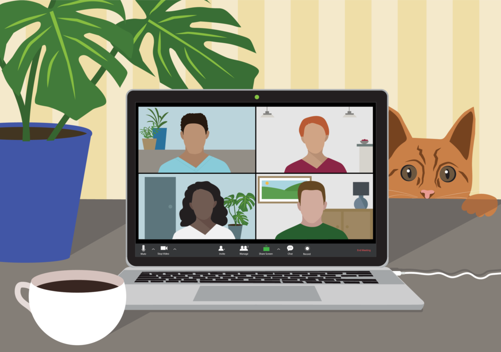 illustration of 4 people having a video conference on a laptop situated on a desk with a cup of coffee and a plant next to it and a cat peeping over the edge of the desk