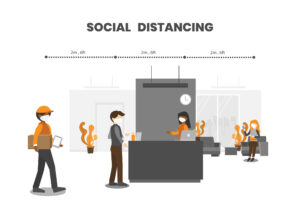 illustration of reception area in office building, with people social distancing and sanitising hands