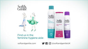 Soft and Gentle Women's Deodorant advert showing the product next to two illustrated women wearing dresses made of flower petals