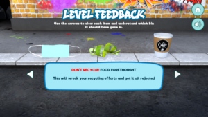 The Level Feedback screen from Biffa Waste Munchers showing a mask, some vegetable scraps and a coffee cup with the text 'Don't Recycle! Food Forethought. This will wreck your recycling efforts and get it all rejected'