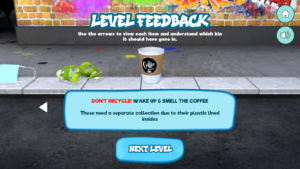 The Level Feedback screen from Biffa Waste Munchers showing a mask, some vegetable scraps and a coffee cup with the text 'Don't Recycle! Wake up and smell the coffee. There need a seperate collection due to their plastic lined insides'