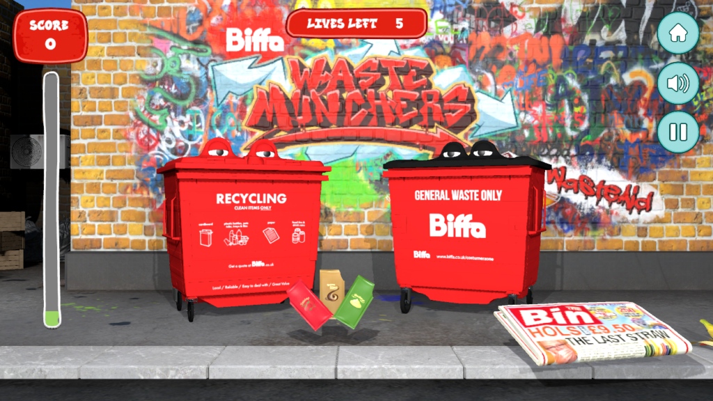 Biffa Waste munchers gameplay, the Recycling Bin and the General waste bin against a graffiti-d wall, with some sauce sachets and a newspaper scrolling past