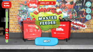 The end of level screen from Biffa Waste Munchers with the text Master Feeder over the Recycling bin and general waste bin