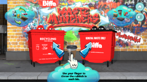 Biffa Waste Munchers instructions screen showing the user that they need to drag the waste item in to either the General Waste Bin or the Recycling Bin