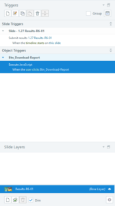 A screenshot from Articulate storyline showing the triggers panel