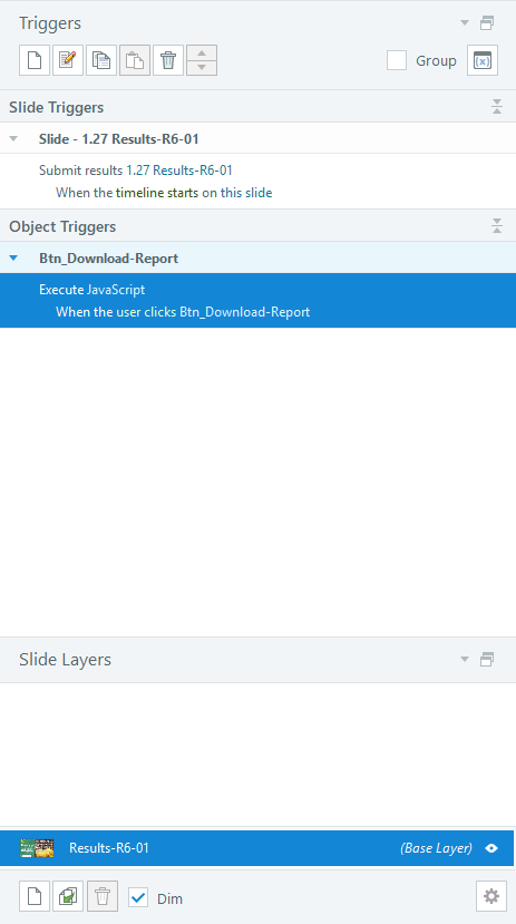 A screenshot from Articulate storyline showing the triggers panel