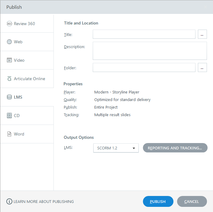 A screenshot of the Publish window from Articulate Storyline software