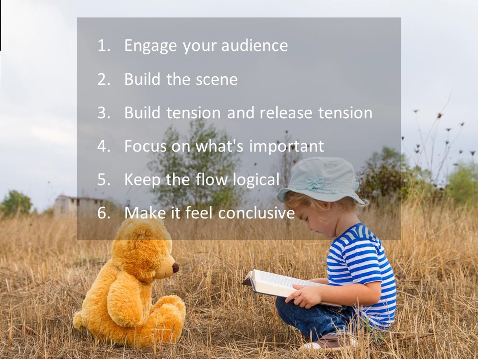 A girl reading to a bear with text over the top that says "1. Engage your audience, 2. Build the scene, 3. Build tension and release tension, 4. Focus on what's important, 5. Keep the flow logical, 6. Make it feel conclusive"