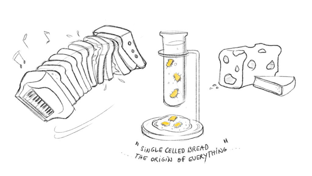 A illustration of a bread accordion, a test tube with bread shaped germs anda block of cheese in the shape of bread