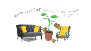 An illustrated sofa and armchair with bread pillows and a plant with rotten bread in between them