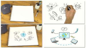 4 different sections showing sections from a whiteboard animation