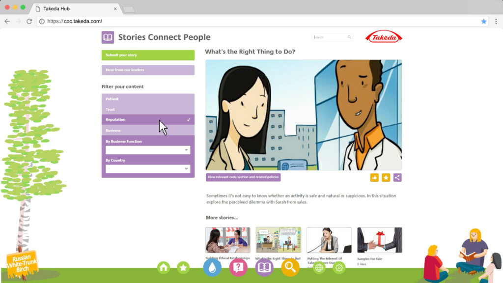 Screenshot of a Takeda e-learning portal titled “Stories Connect People,” showing an interactive ethics and compliance learning hub with story-based scenarios, content filters, and an animated explainer designed to help employees make informed workplace decisions.