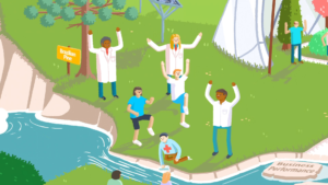 Still from the Takeda Hub of a Group of People Cheering in a Park near a stream