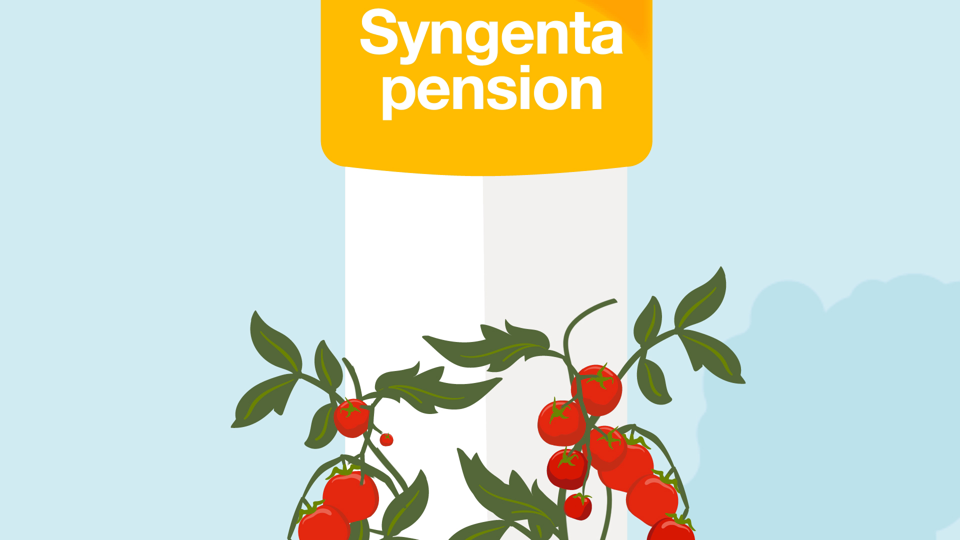 A 2d pillar with tomatoes growing up the pillar with 'Syngenta pension' written at the top