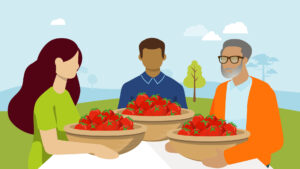 A still from a 2D animation of three people holding baskets full of tomatoes