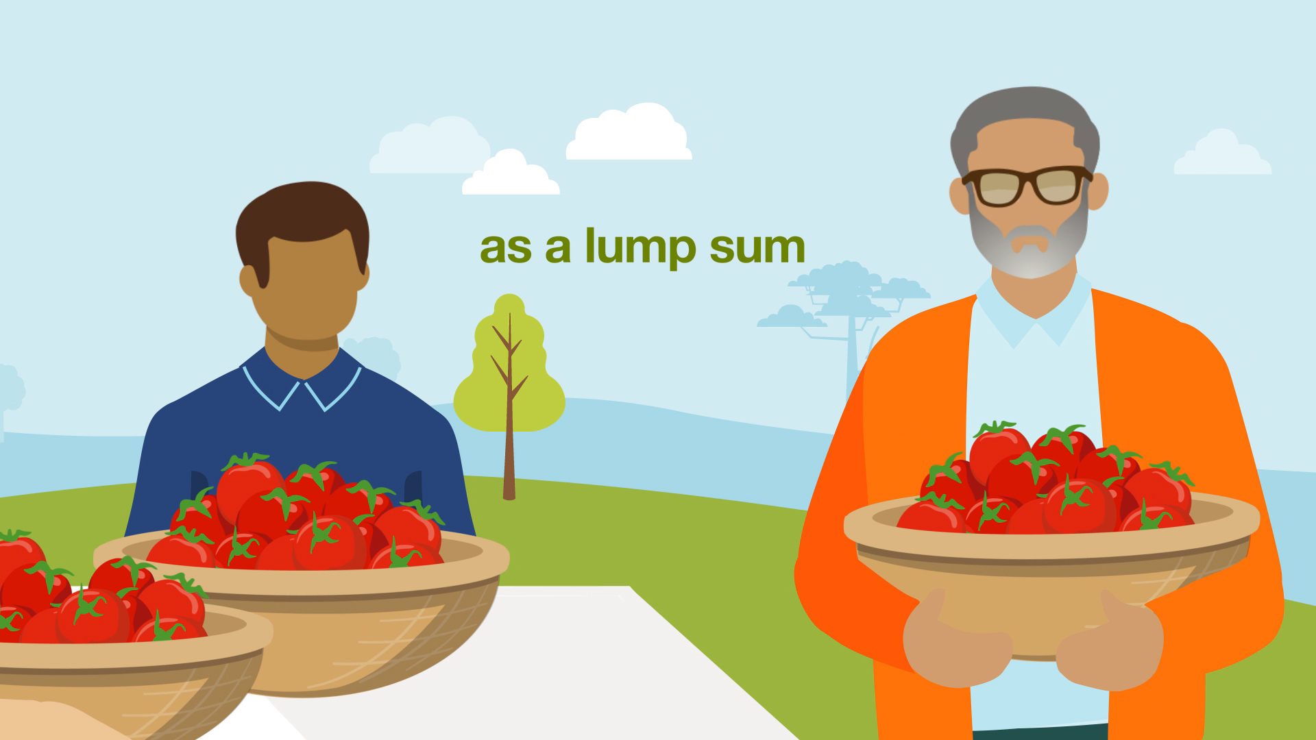 Two People Holding Baskets of Tomatoes with the text 'as a lump sum' Between them