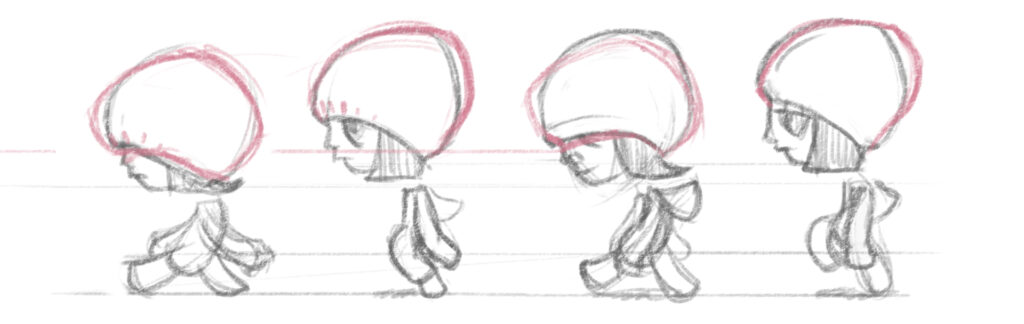A sketch of a person with an oversized beanie walking