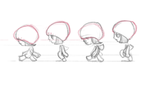 A sketch of a person with an oversized beanie walking