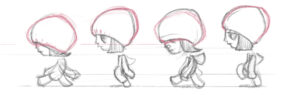 A sketch of a person with an oversized beanie walking