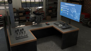 A VR car garage environment with car parts on a table, an engine hanging over the table and a screen that says Calibrate Senseglove at the end of the table
