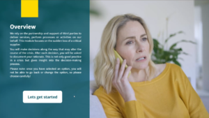 The overview screen in a scenario based e-learning module that gives an overview of the module then has a Lets get started button a women, talking on the phone is seen on the right
