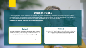 A decision point screen from a scenario based e-learning module that shows Decision Point 1, some text about this decision point, then Option 1 and Option 2